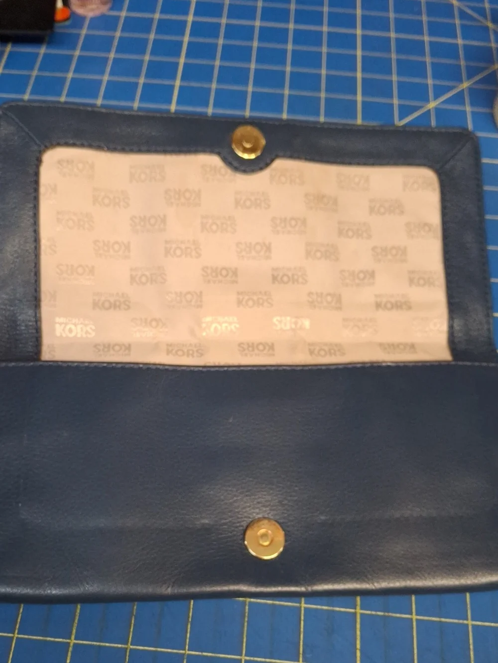 Michael Kors Navy Leather Buckle Clutch Gold Hardware 11x5x0.75 Preloved